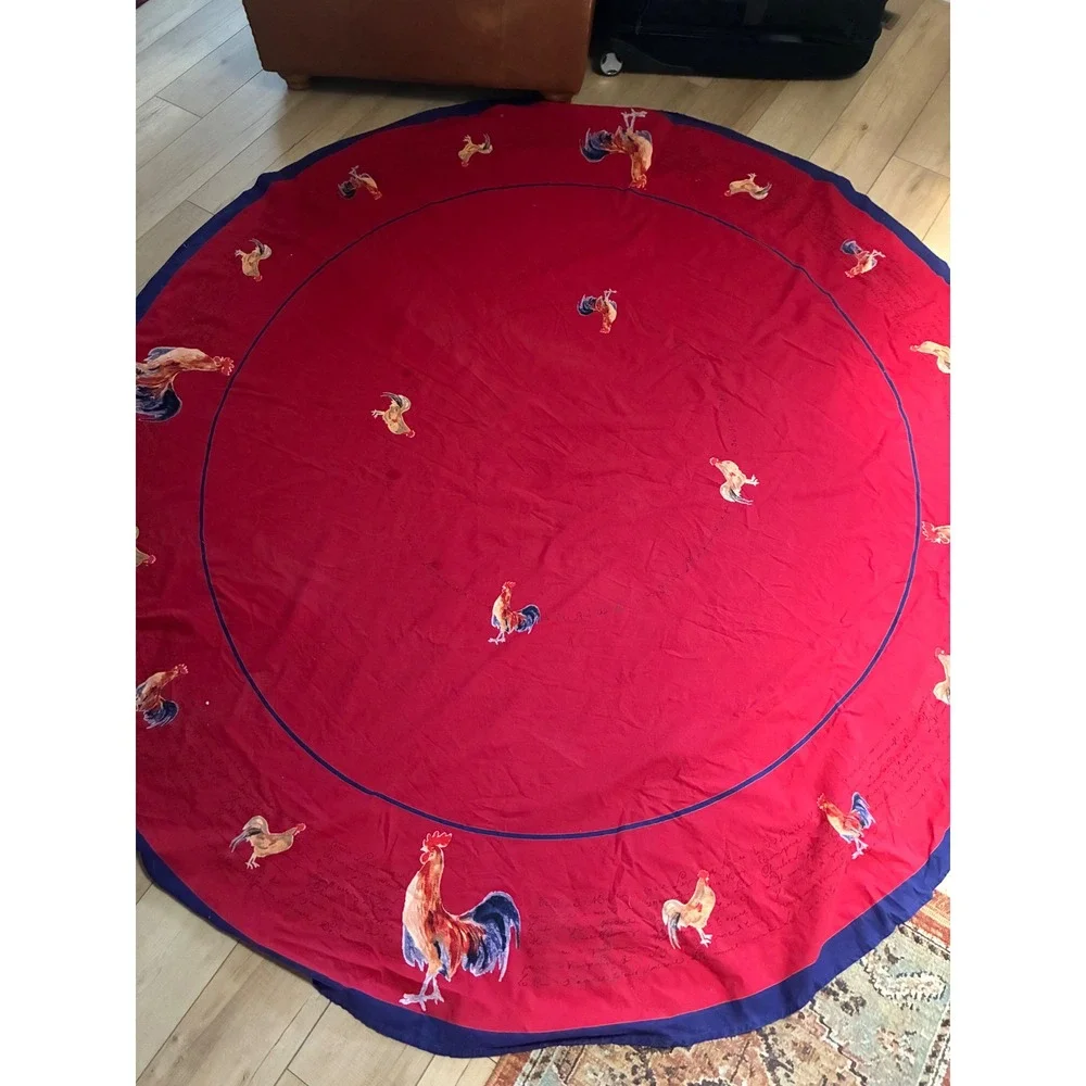 Williams Sonoma Round Tablecloth Rooster Chicken French Country 90in Red